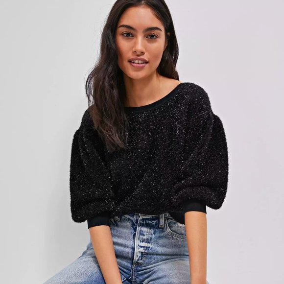 Anthropologie Sweaters - Anthropologie Maeve Pamela Black Tinsel Metallic Shimmer Cropped Sweater